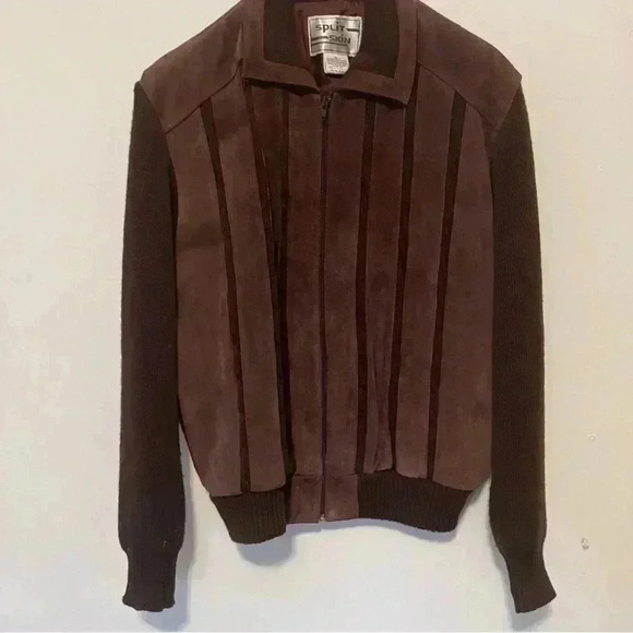 VTG Suede Leather and Knit Brown Jacket XL 70s Bomber Split Skin Cables-READ - Picture 1 of 8